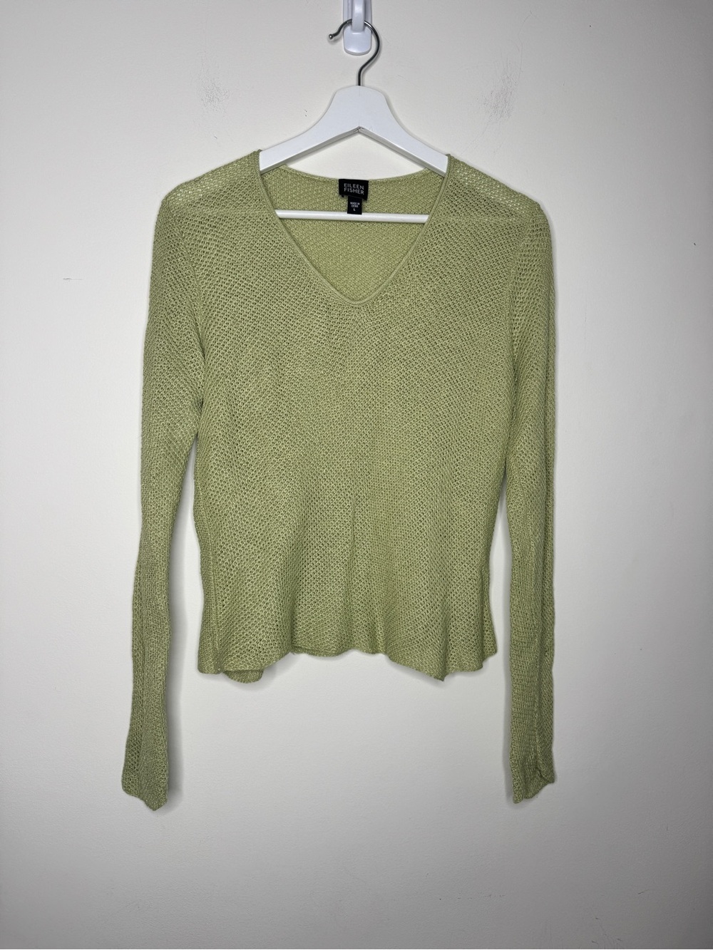 Eileen Fisher Light Green V-Neck Knit Sweater 100% Linen Size L